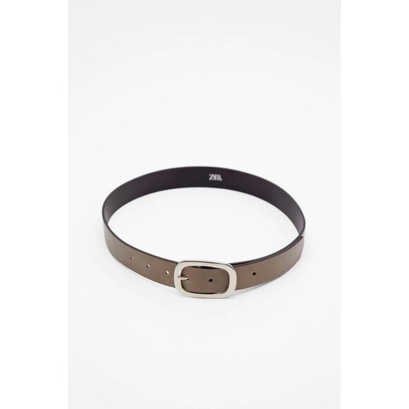 NWOT Zara taupe brown leather belt with silver hardware, 38.25" long - Picture 9 of 16